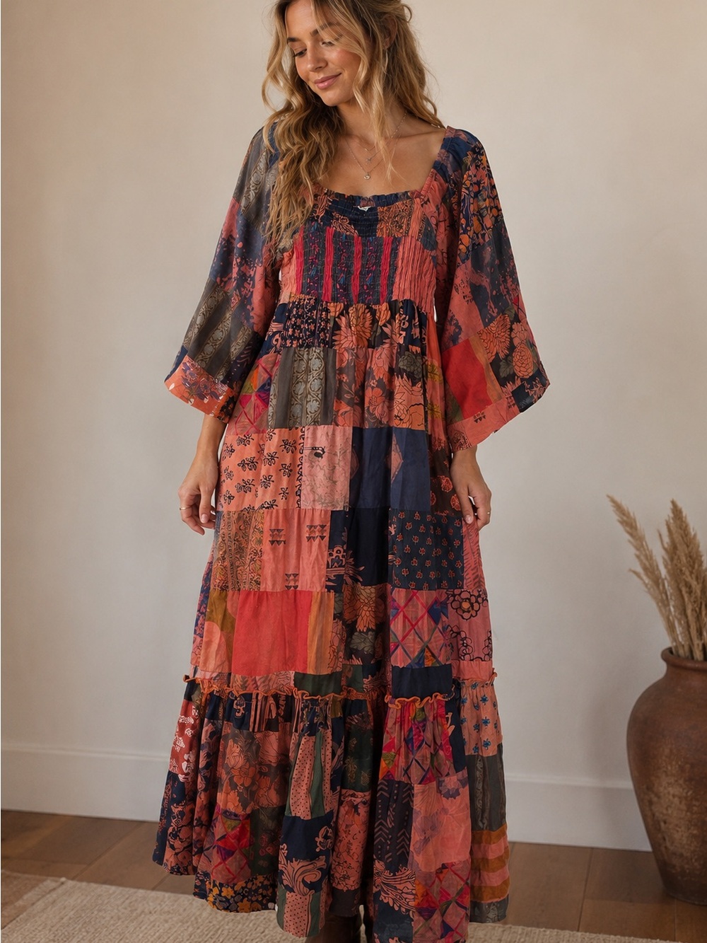EARTHBOUND Patchwork Maxi Dress — Rust & Navy Multi